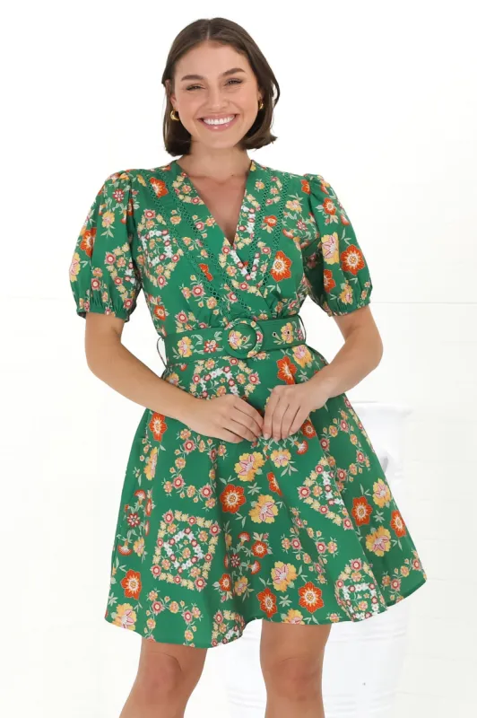Lindi Mini Dress - Scallop Lattice Detailed A-Line Dress with Short Sleeves in Abella Print Green sold by Salty Crush