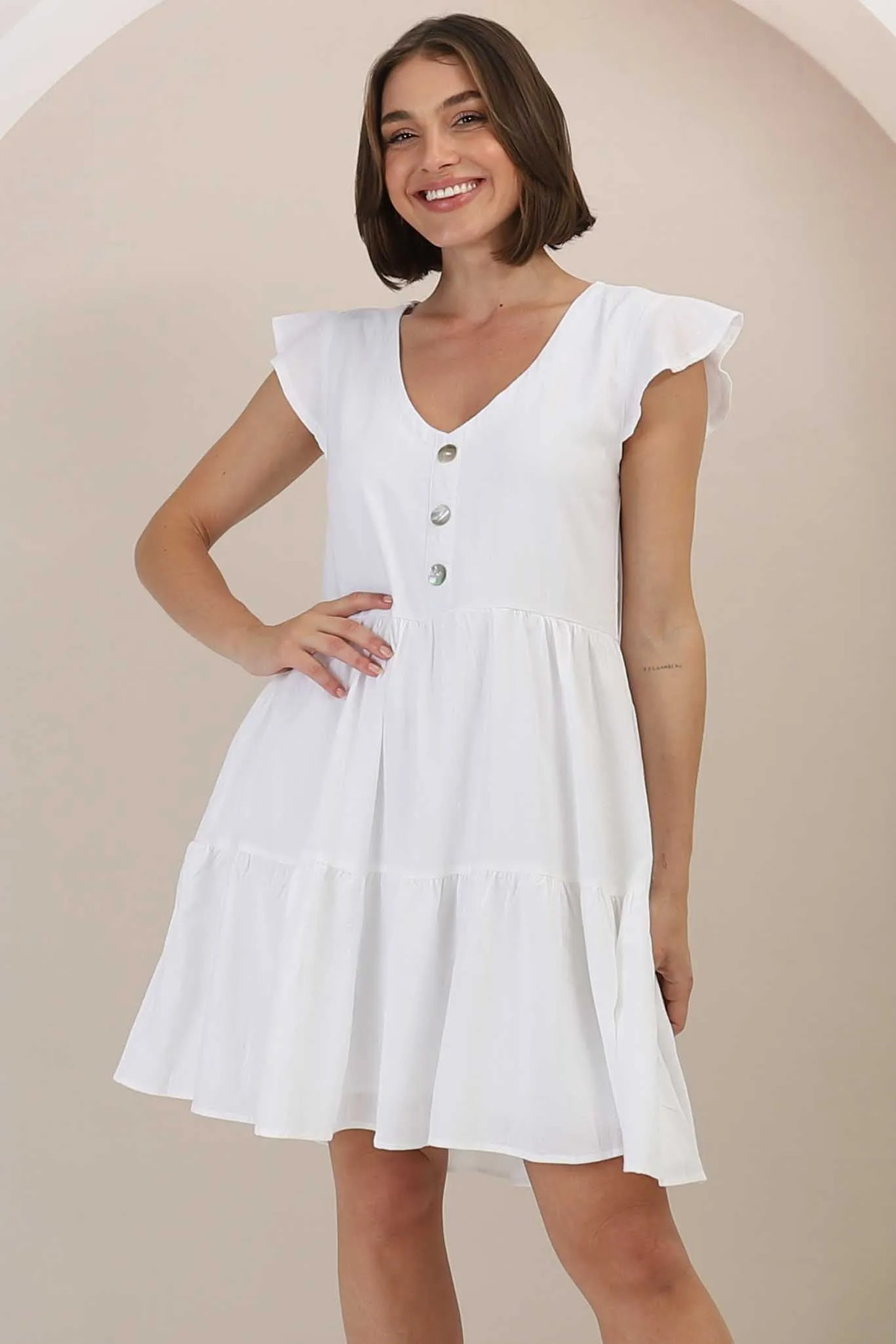 Sharie Mini Dress - Sweet Tiered Cap Sleeve Dress with Pockets in White sold by Salty Crush product image thumbnail 4