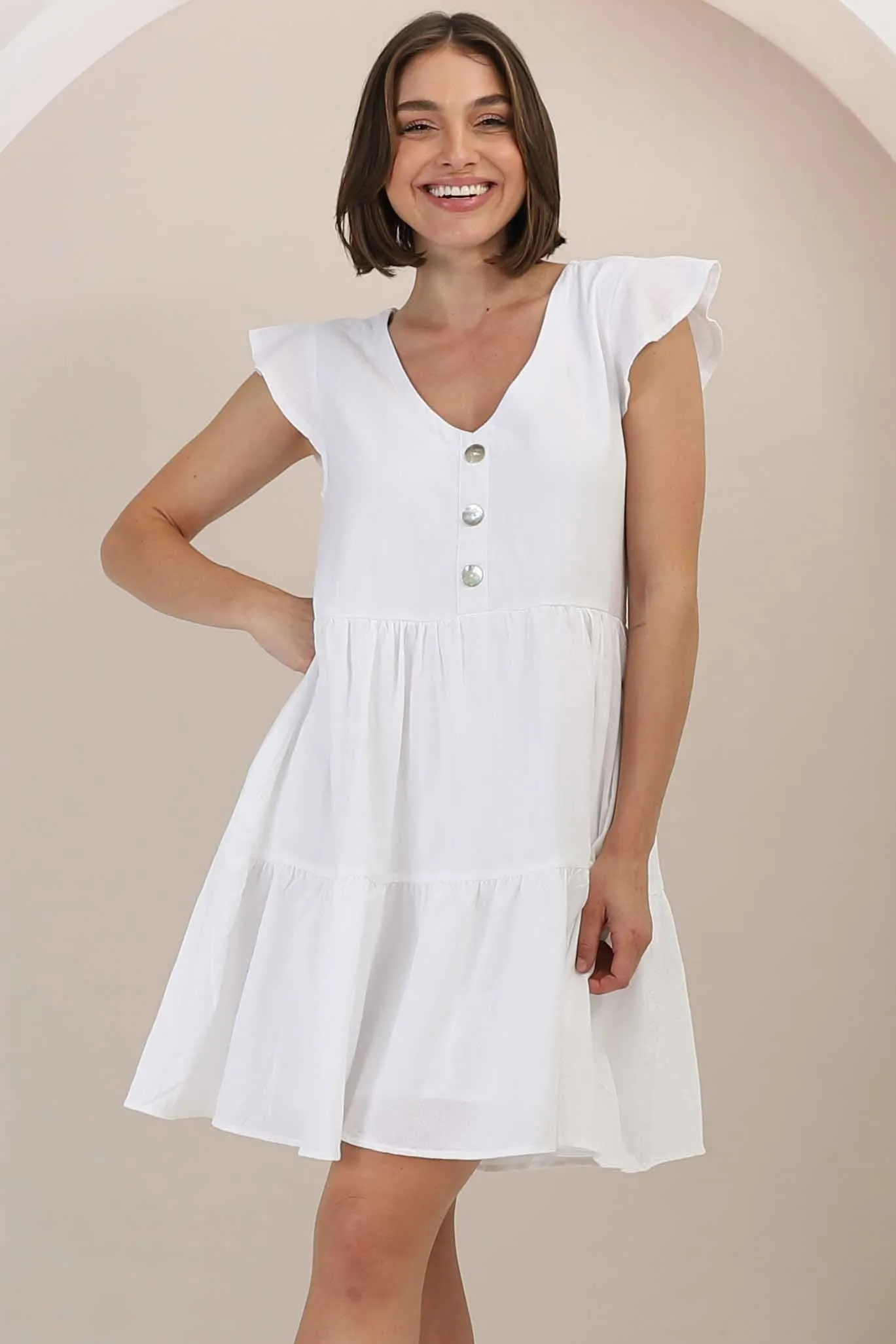Sharie Mini Dress - Sweet Tiered Cap Sleeve Dress with Pockets in White sold by Salty Crush
