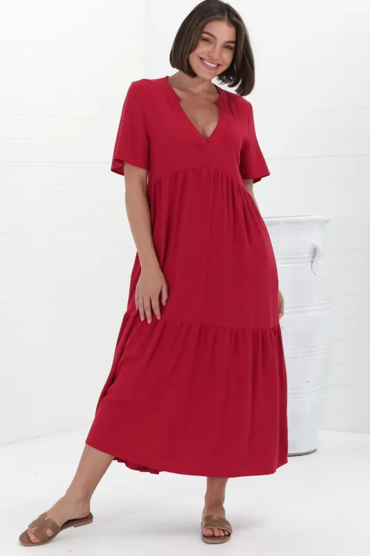 Malyn Midi Dress - Mandarin Collar Tiered Short Sleeve Dress in Red sold by Salty Crush