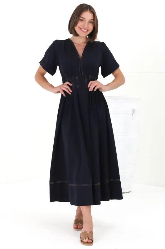 Lazelle Midi Dress - V-Neck Short Sleeve A-Line Dress with Elasticated Waist in Navy sold by Salty Crush