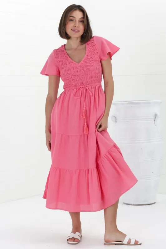 Alyse Midi Dress - Shirred Bodice Cap Sleeve Dress with Pull Tie Waist in Pink sold by Salty Crush