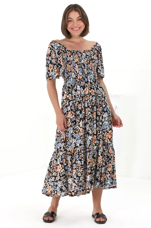Maraya Midi Dress - Cape Sleeve Elasticated Bodice A-Line Dress in Beliza Print sold by Salty Crush