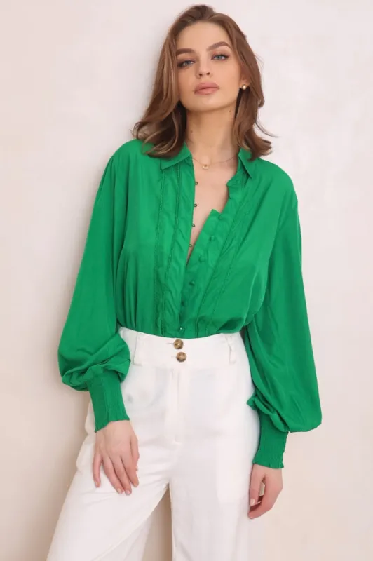 Aralyn Blouse - Balloon Sleeve Button Down Shirt in Green sold by Salty Crush