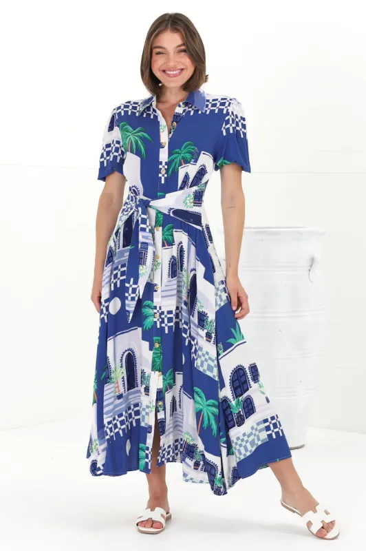 Elena Maxi Dress - Short Balloon Sleeve Button Down Dress With Belt in Tropea Print sold by Salty Crush
