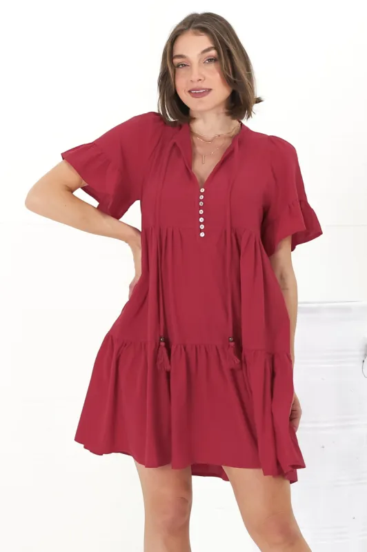 Abilia Mini Dress - Mandarin Collar Smock Dress in Red sold by Salty Crush