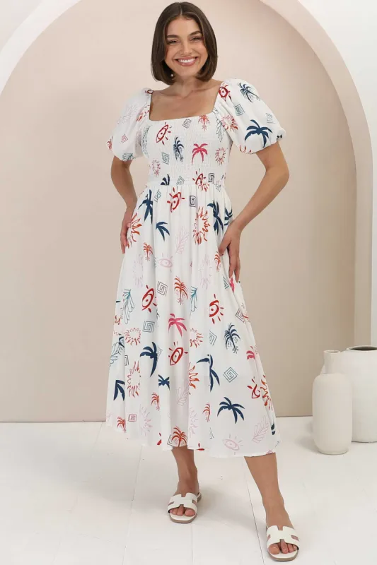 Shira Midi Dress - On Or Off Shoulder Elasticated Bodice Dress With Short Balloon Sleeves In Kalista Print White sold by Salty Crush