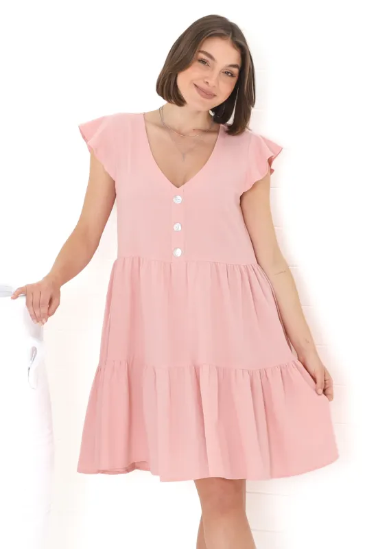 Sharie Mini Dress - Sweet Tiered Cap Sleeve Dress with Pockets in Pink sold by Salty Crush
