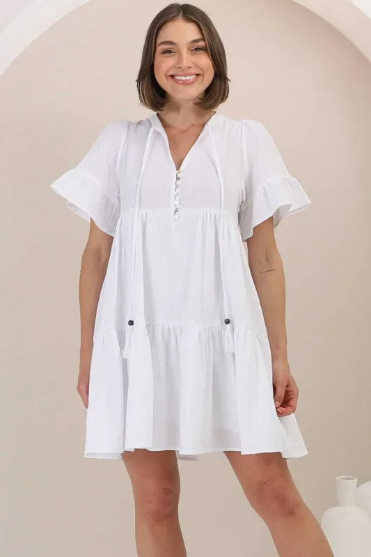 Abilia Mini Dress - Mandarin Collar Smock Dress in White sold by Salty Crush