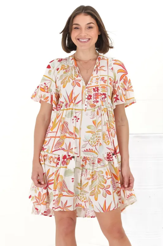 Abilia Mini Dress - Mandarin Collar Smock Dress in Sonni Print Melon sold by Salty Crush