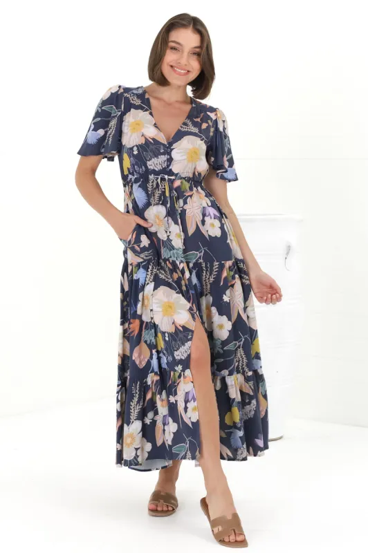 Adhira Maxi Dress - Buttoned Bodice A-Line Dress with Flute Sleeves in Elinda Print sold by Salty Crush