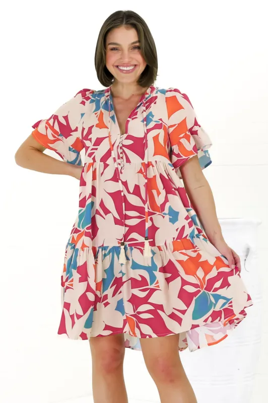 Abilia Mini Dress - Mandarin Collar Smock Dress in Polina Print Magenta sold by Salty Crush