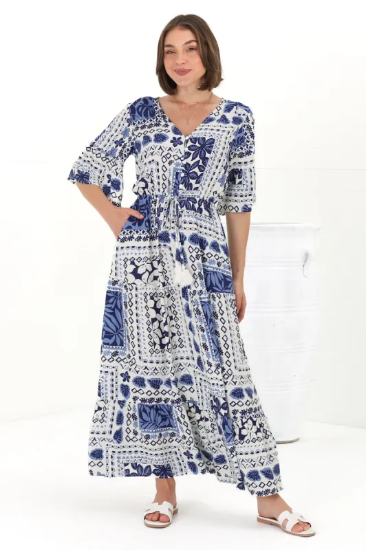 Rae Maxi Dress - Buttoned Bodice Pull Waist A Line Dress in Loa Print Blue sold by Salty Crush