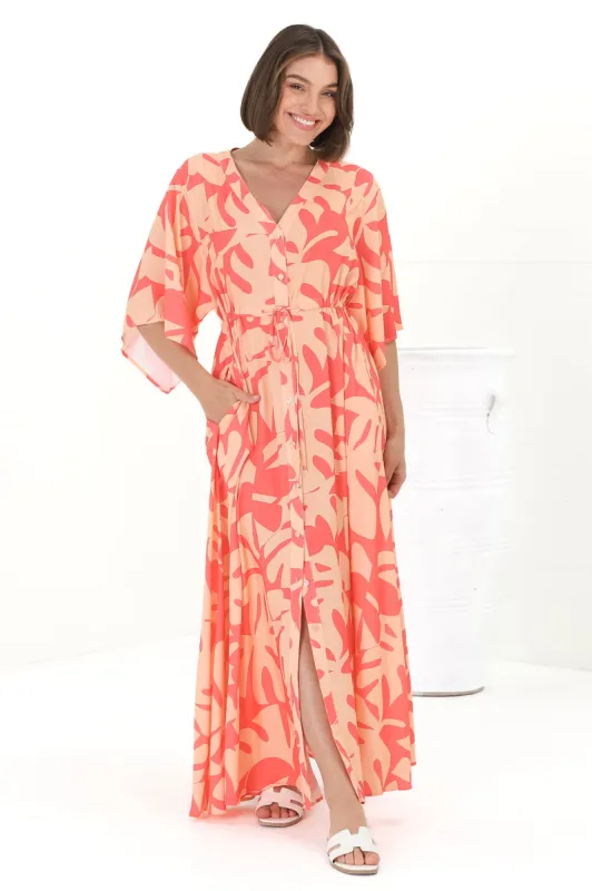 Sally Maxi Dress - 3/4 Bell Sleeve Button Down with Waist Tie Dress in Noa Print Coral sold by Salty Crush