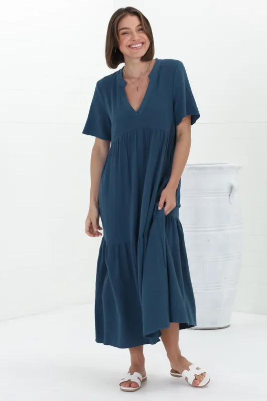 Malyn Midi Dress - Mandarin Collar Tiered Short Sleeve Dress in Blue sold by Salty Crush