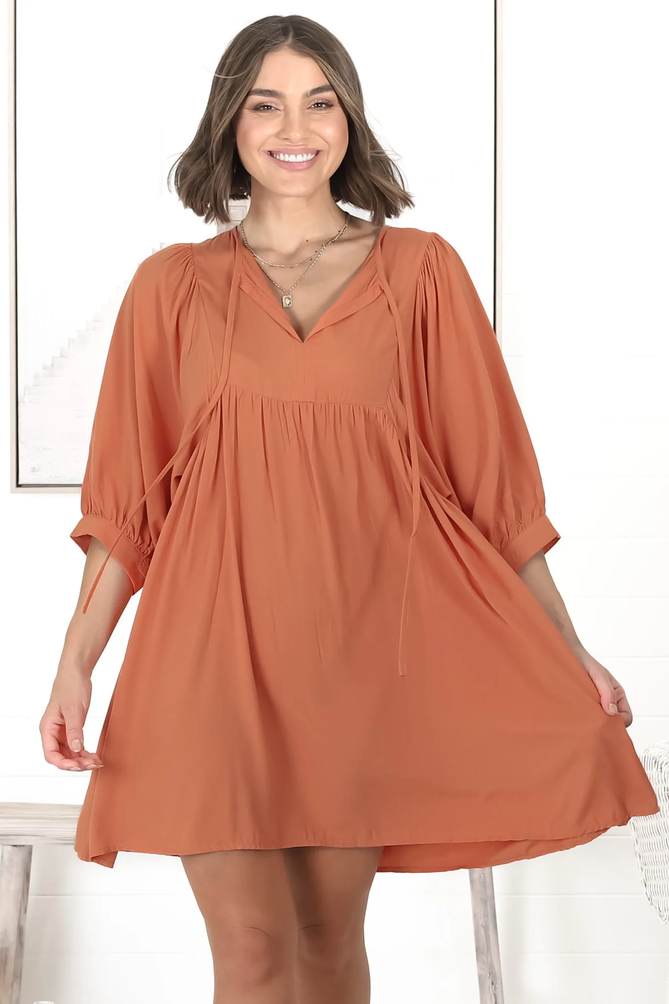 Mariah Mini Dress - V Neck Smock Dress with Batwing Sleeves in Tangerine sold by Salty Crush product image thumbnail 5