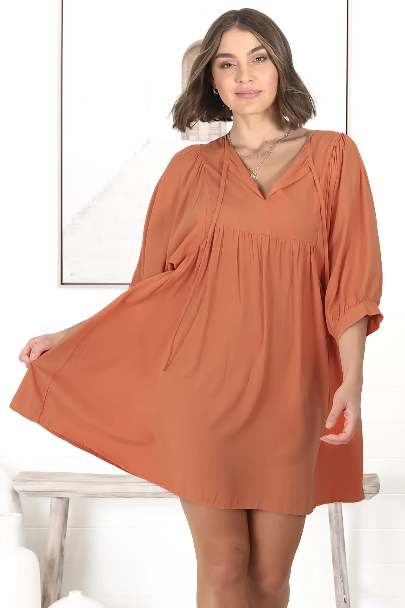 Mariah Mini Dress - V Neck Smock Dress with Batwing Sleeves in Tangerine sold by Salty Crush product image thumbnail 2