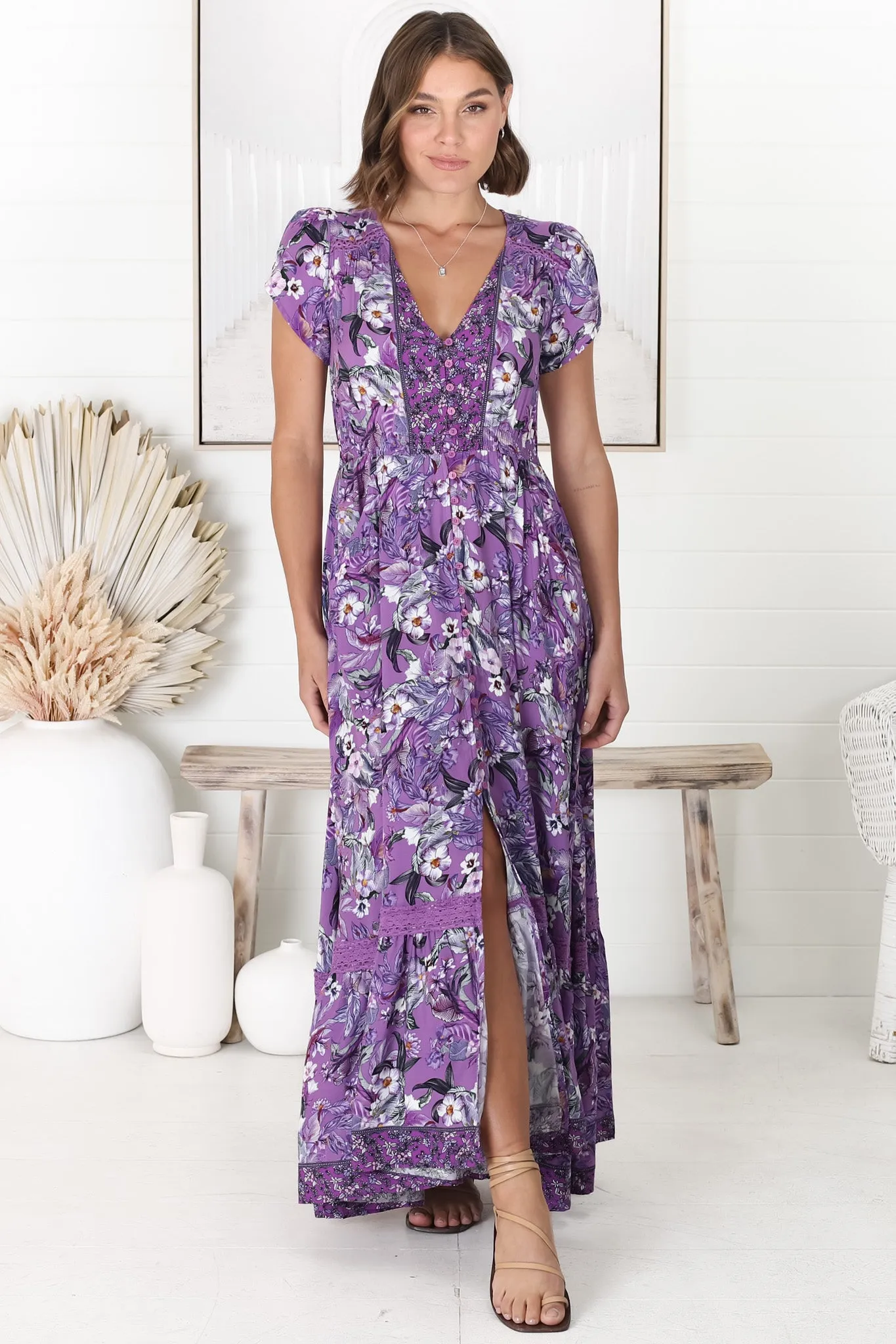 Carmen Maxi Dress - Butterfly Cap Sleeve Button Down A Line Dress with Lace Trim in Rhodium Print sold by Salty Crush product image thumbnail 5