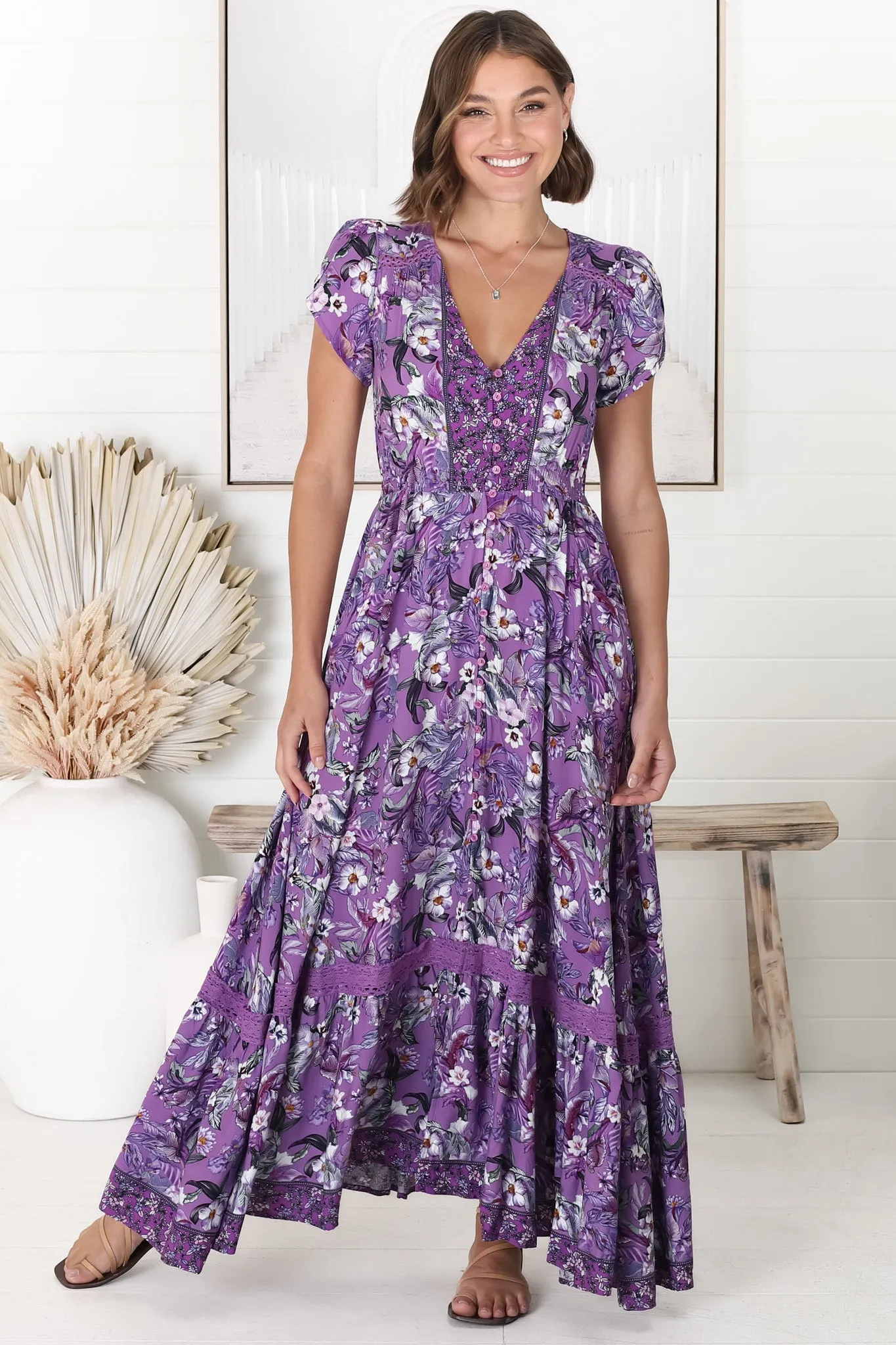 Carmen Maxi Dress - Butterfly Cap Sleeve Button Down A Line Dress with Lace Trim in Rhodium Print sold by Salty Crush product image thumbnail 3