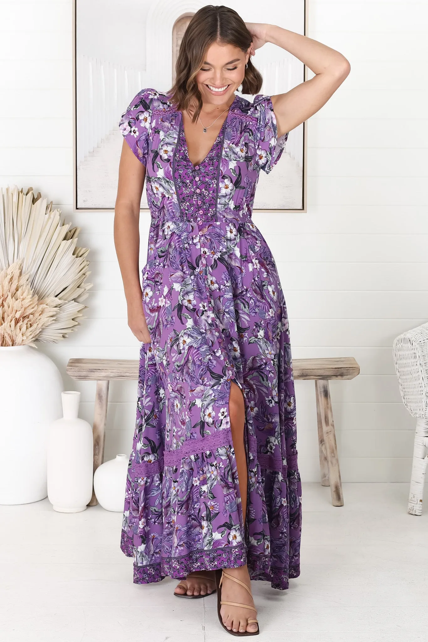 Carmen Maxi Dress - Butterfly Cap Sleeve Button Down A Line Dress with Lace Trim in Rhodium Print sold by Salty Crush