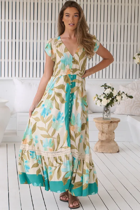 JAASE - Carmen Maxi Dress: Butterfly Cap Sleeve Button Down A Line Dress with Lace Trim in Himalayan Poppy sold by Salty Crush