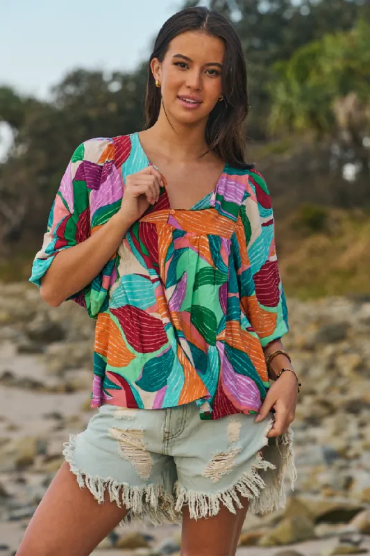 JAASE - Indira Top: Mandarin Collar Deep V Neck Top In Soiree Print sold by Salty Crush