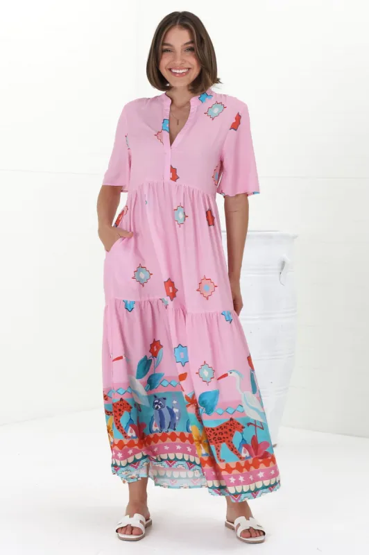 Jasinta Midi Dress - Mandarin Collar Tiered Pull Over Dress in Pippa Print Pink sold by Salty Crush