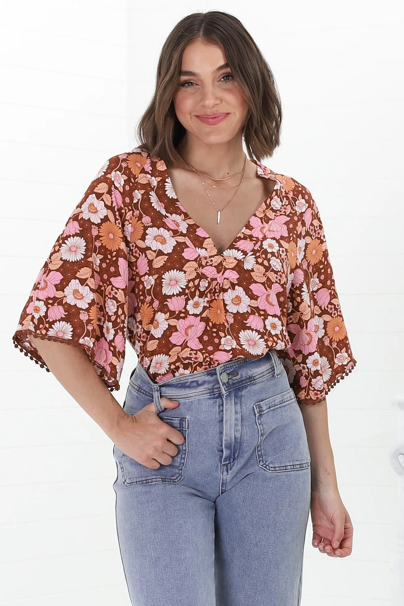 Gabriella Top - Mandarin Collar Deep V Neck Crochet Trim Top in Pixie Print sold by Salty Crush product image thumbnail 2