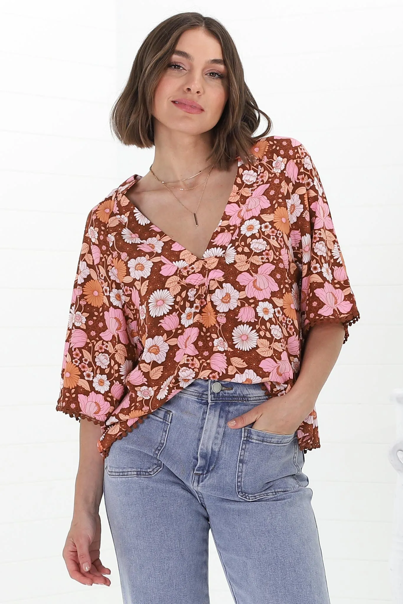 Gabriella Top - Mandarin Collar Deep V Neck Crochet Trim Top in Pixie Print sold by Salty Crush product image thumbnail 3