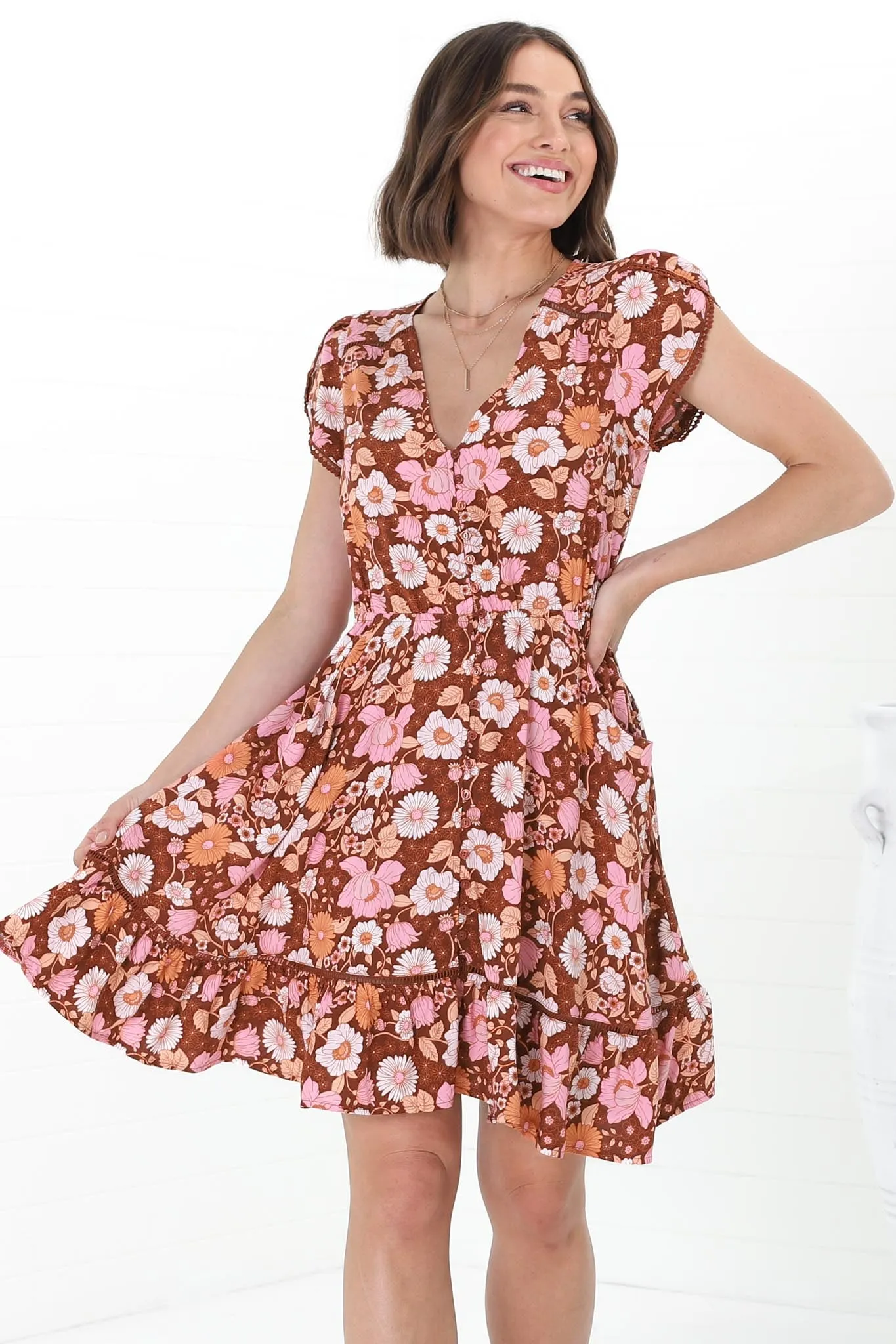 Lizzie Mini Dress - Butterfly Cap Sleeve Button Down Dress with Pockets in Pixie Print sold by Salty Crush product image thumbnail 4