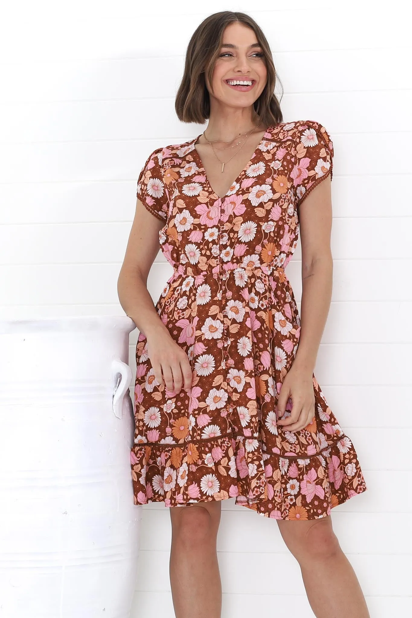 Lizzie Mini Dress - Butterfly Cap Sleeve Button Down Dress with Pockets in Pixie Print sold by Salty Crush