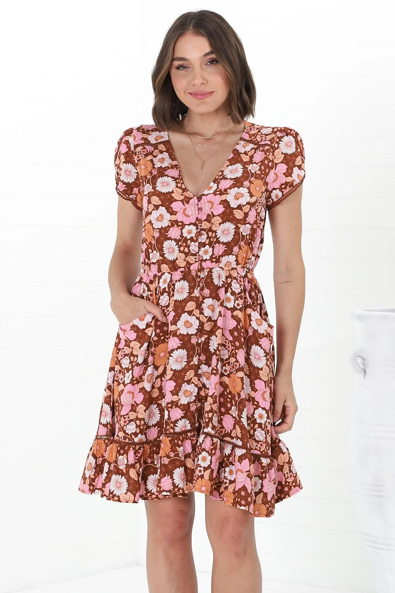 Lizzie Mini Dress - Butterfly Cap Sleeve Button Down Dress with Pockets in Pixie Print sold by Salty Crush product image thumbnail 2