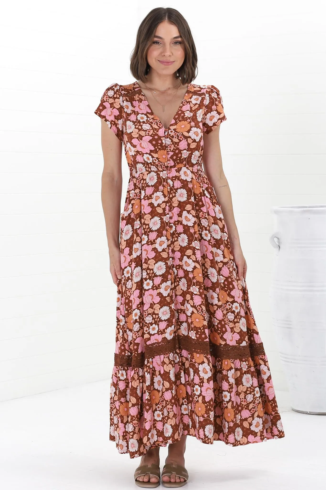 JAASE - Carmen Maxi Dress: Butterfly Cap Sleeve Button Down A Line Dress with Lace Trim in Pixie Print sold by Salty Crush