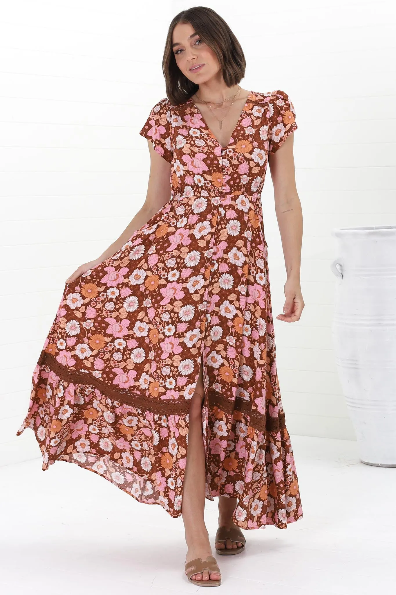 JAASE - Carmen Maxi Dress: Butterfly Cap Sleeve Button Down A Line Dress with Lace Trim in Pixie Print sold by Salty Crush product image thumbnail 3