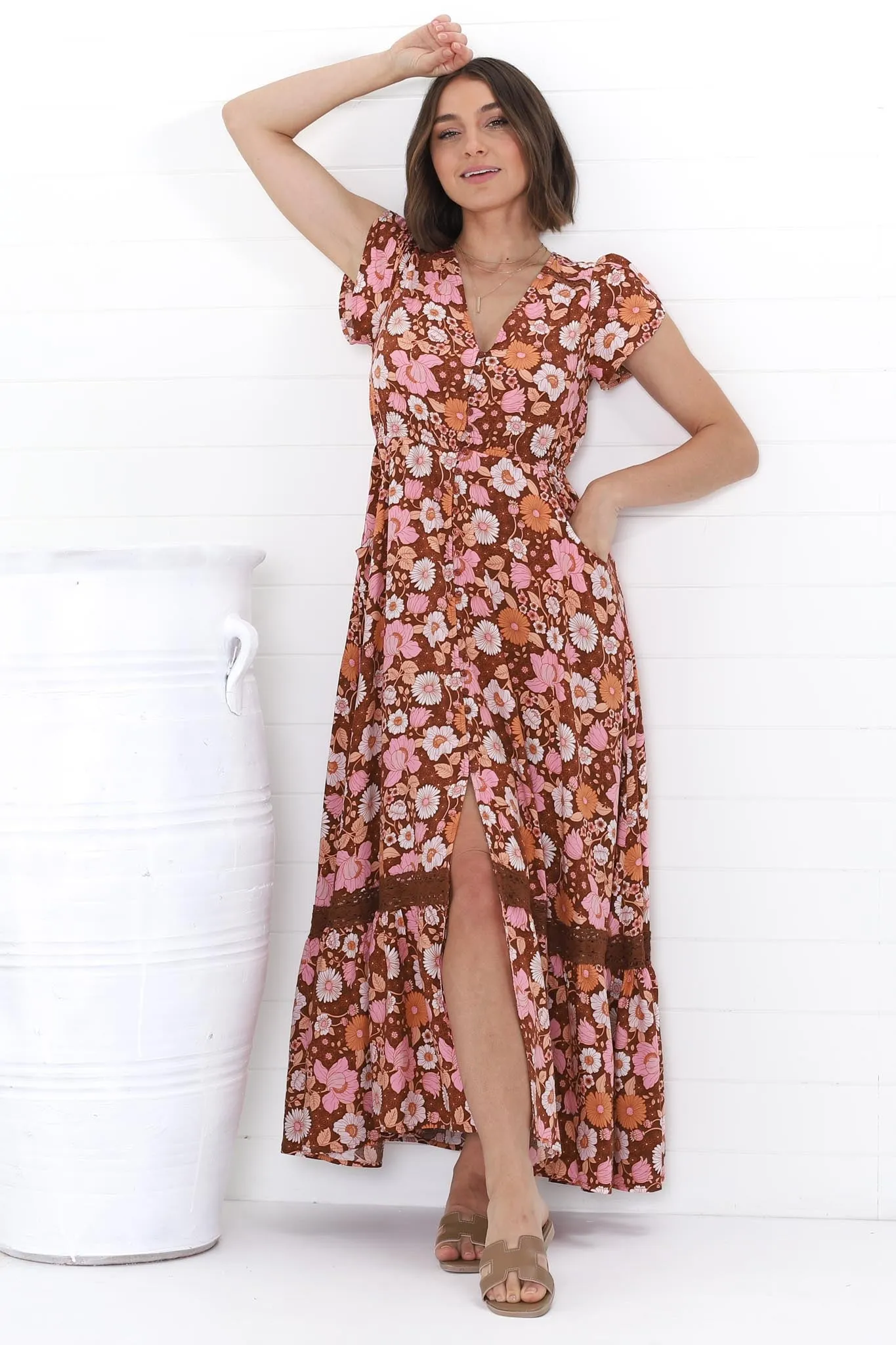 JAASE - Carmen Maxi Dress: Butterfly Cap Sleeve Button Down A Line Dress with Lace Trim in Pixie Print sold by Salty Crush product image thumbnail 2