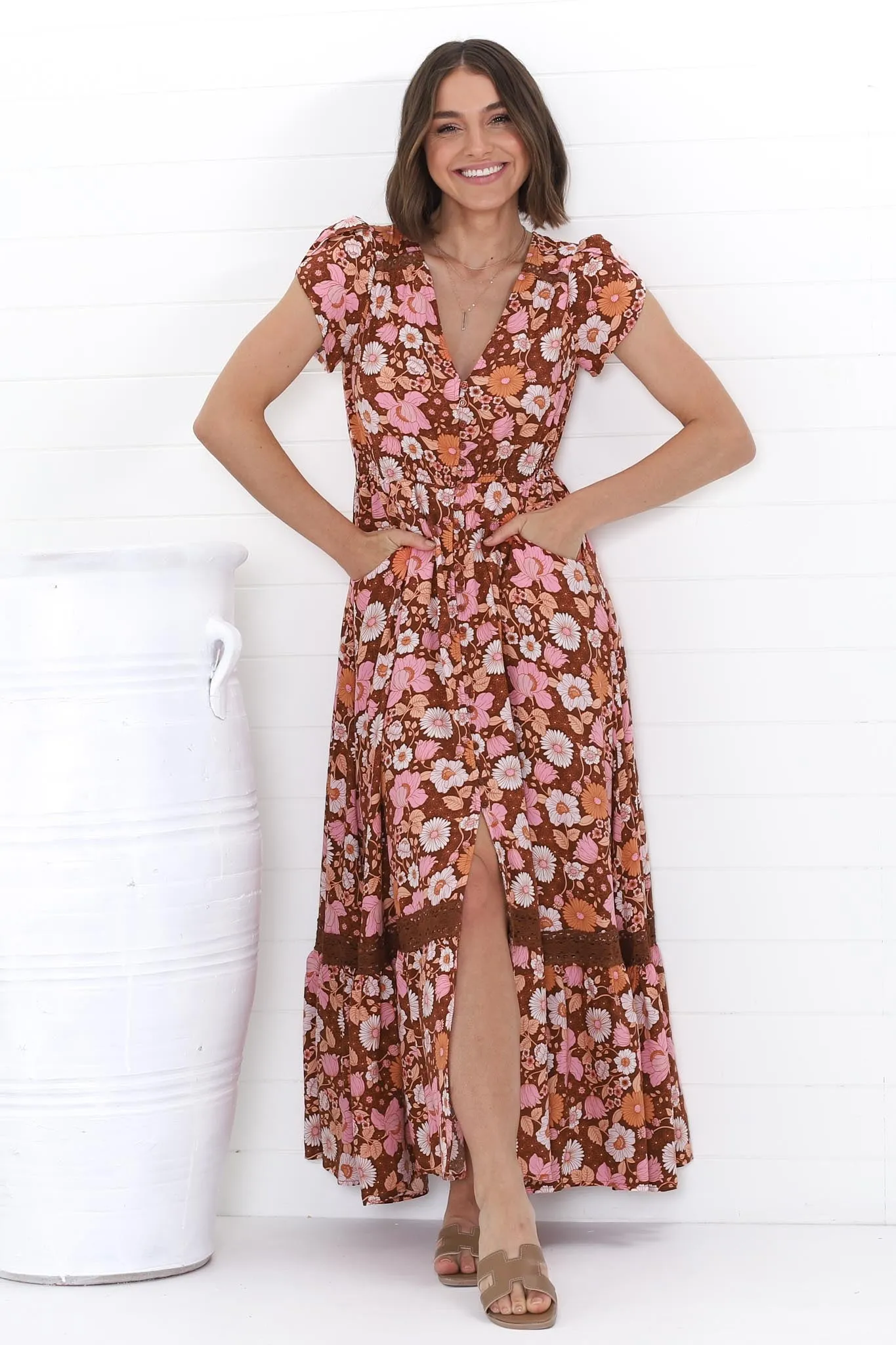 JAASE - Carmen Maxi Dress: Butterfly Cap Sleeve Button Down A Line Dress with Lace Trim in Pixie Print sold by Salty Crush product image thumbnail 4