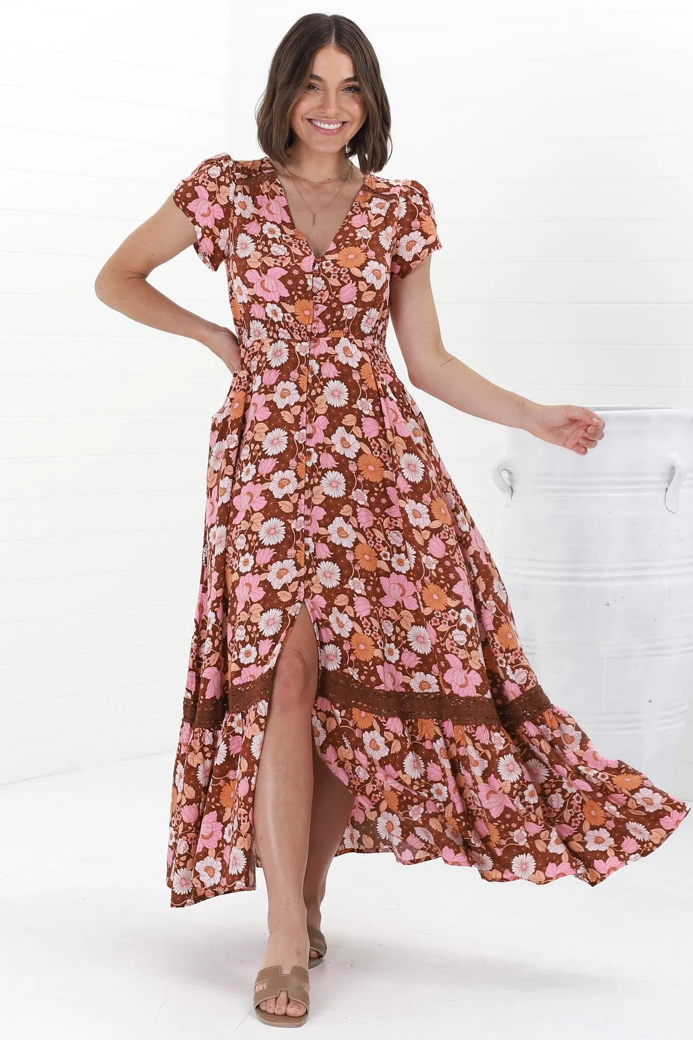 JAASE - Carmen Maxi Dress: Butterfly Cap Sleeve Button Down A Line Dress with Lace Trim in Pixie Print sold by Salty Crush product image thumbnail 5