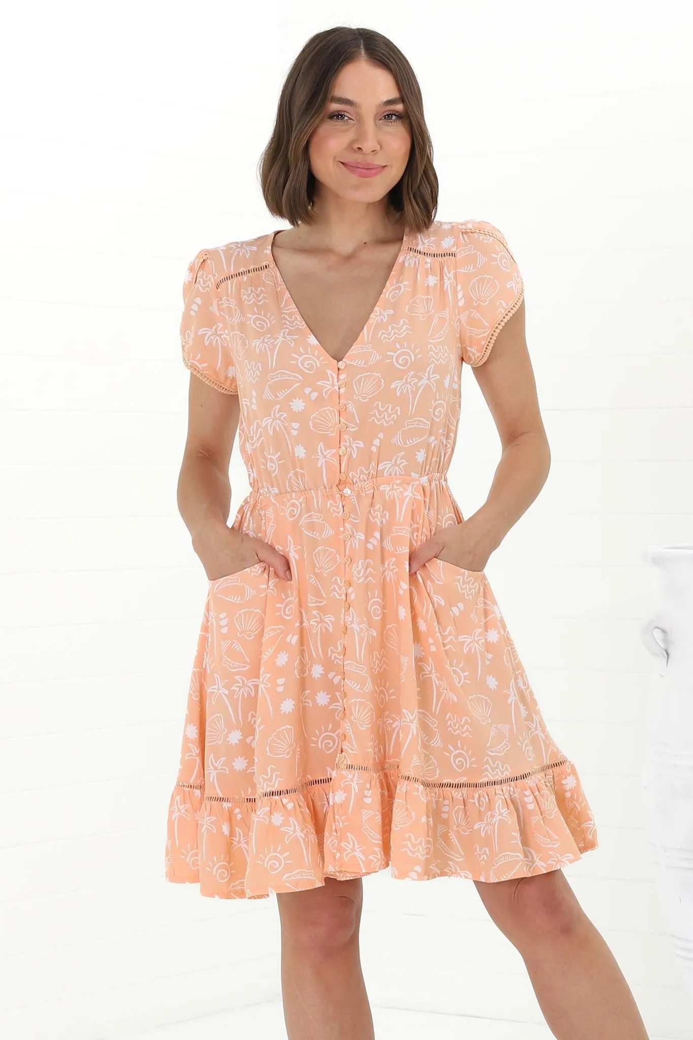 Lizzie Mini Dress - Butterfly Cap Sleeve Button Down Dress with Pockets in Peach Island Print sold by Salty Crush product image thumbnail 3