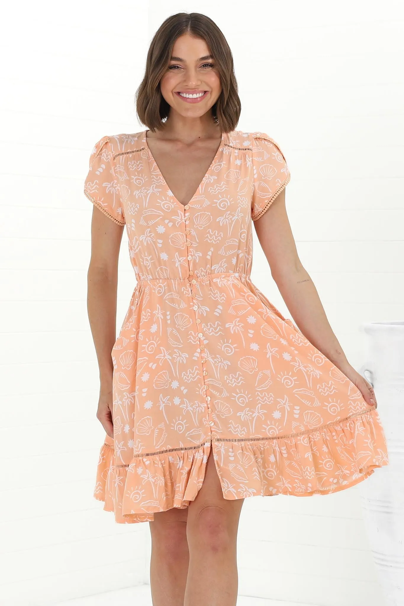 Lizzie Mini Dress - Butterfly Cap Sleeve Button Down Dress with Pockets in Peach Island Print sold by Salty Crush product image thumbnail 5