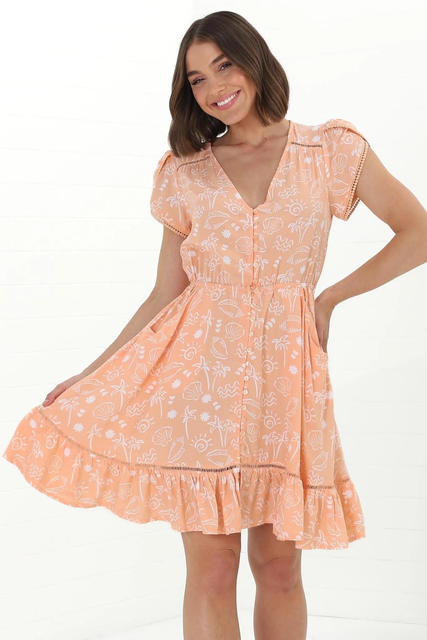Lizzie Mini Dress - Butterfly Cap Sleeve Button Down Dress with Pockets in Peach Island Print sold by Salty Crush product image thumbnail 4