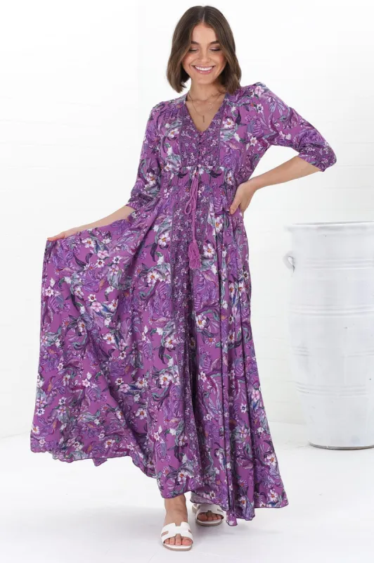 JAASE - Indiana Maxi Dress: Lace Back Shirred Waist A Line Dress with Handkerchief Hemline in Rhodium Print sold by Salty Crush