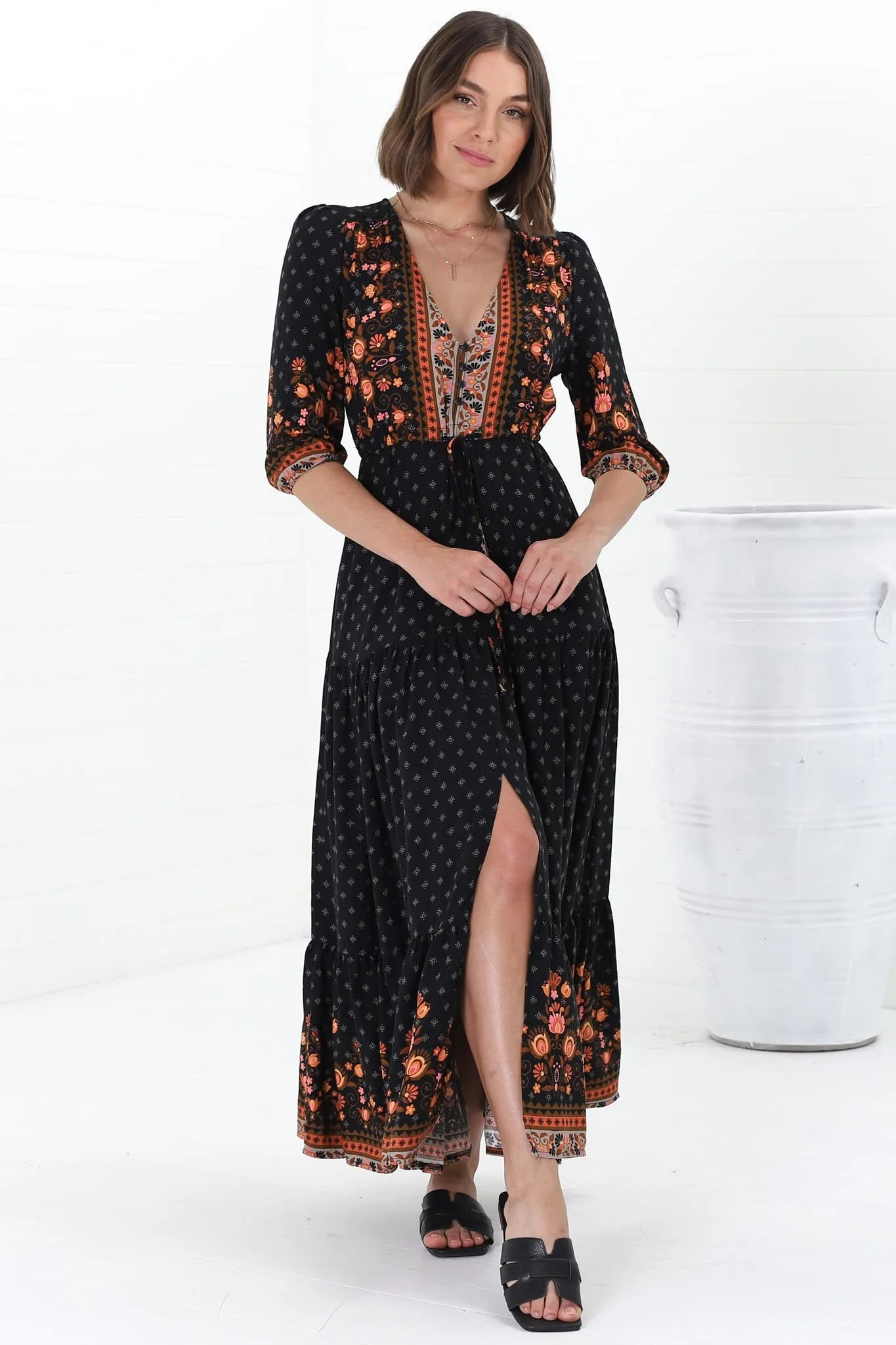 JAASE - Tessa Maxi Dress: A Line Pull Tie Waist Dress in Emmery Print sold by Salty Crush product image thumbnail 5