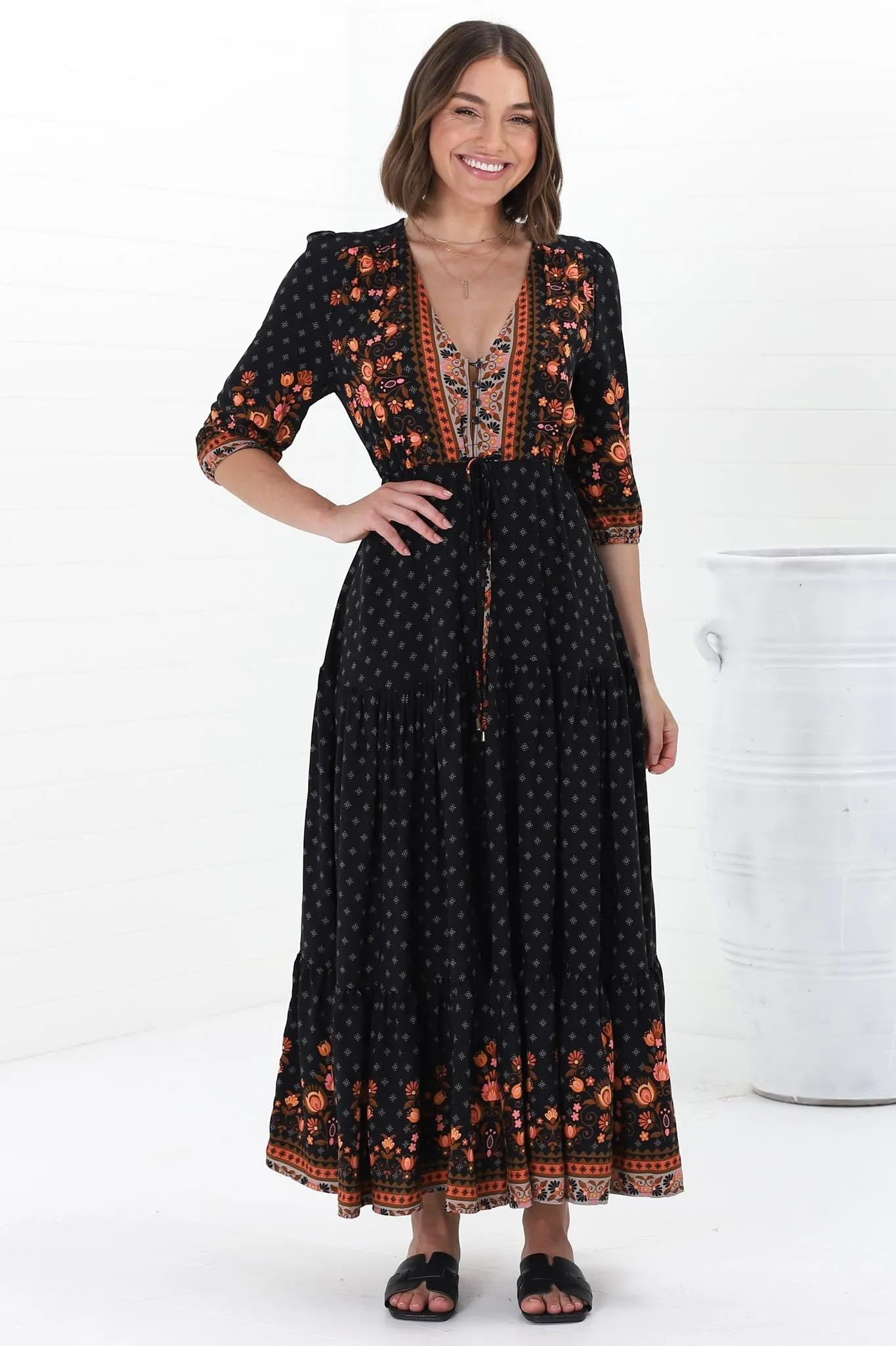 JAASE - Tessa Maxi Dress: A Line Pull Tie Waist Dress in Emmery Print sold by Salty Crush product image thumbnail 2