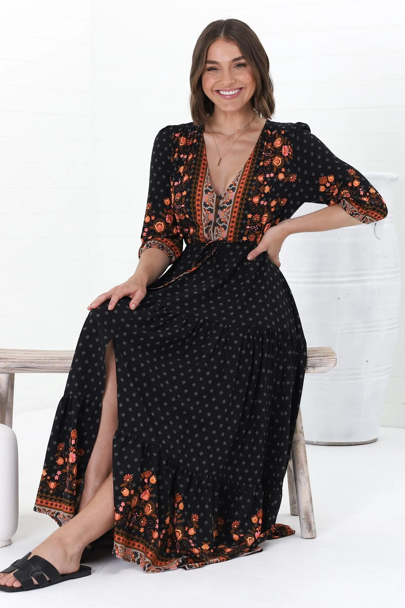 JAASE - Tessa Maxi Dress: A Line Pull Tie Waist Dress in Emmery Print sold by Salty Crush product image thumbnail 4