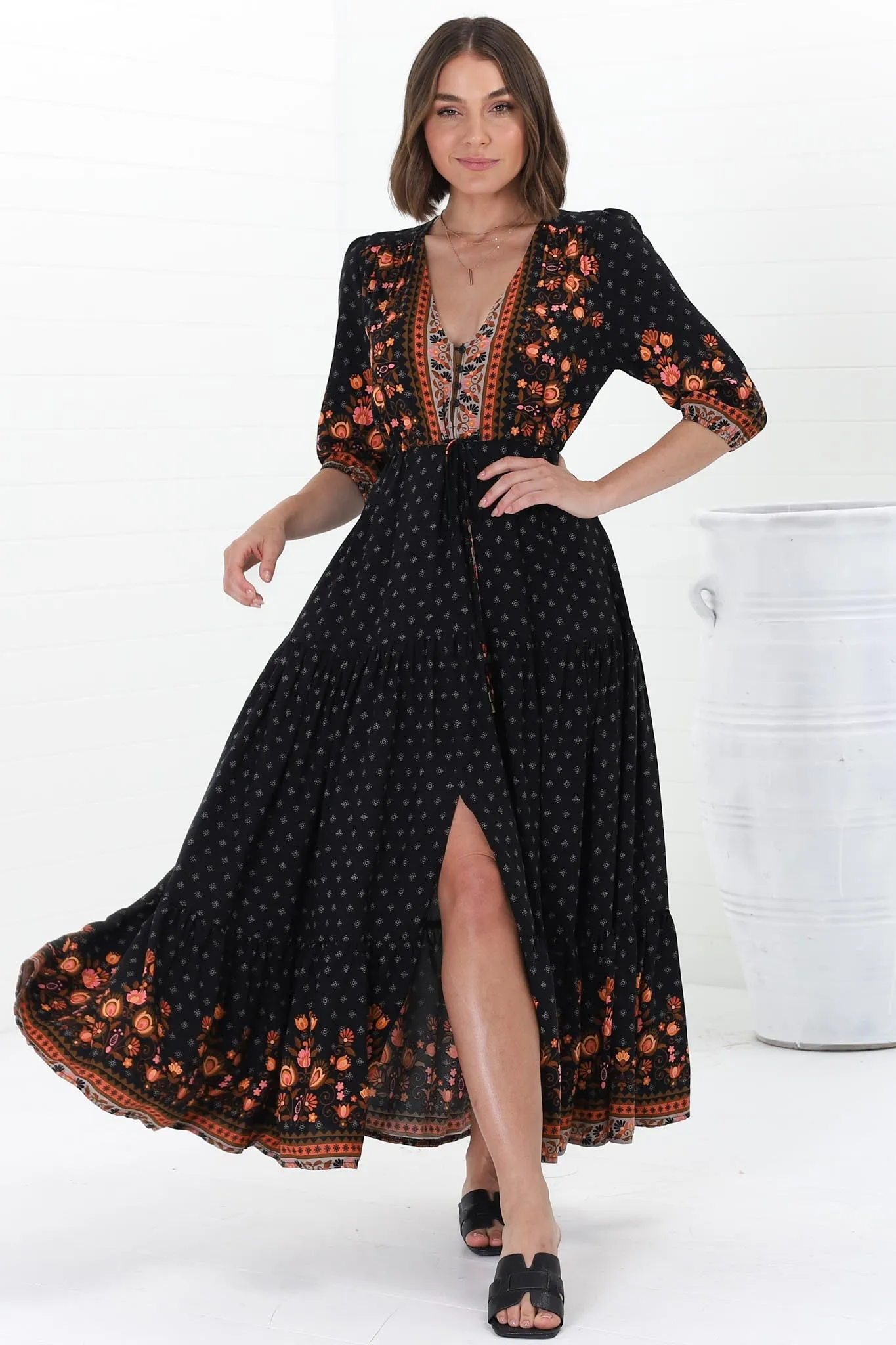 JAASE - Tessa Maxi Dress: A Line Pull Tie Waist Dress in Emmery Print sold by Salty Crush product image thumbnail 3