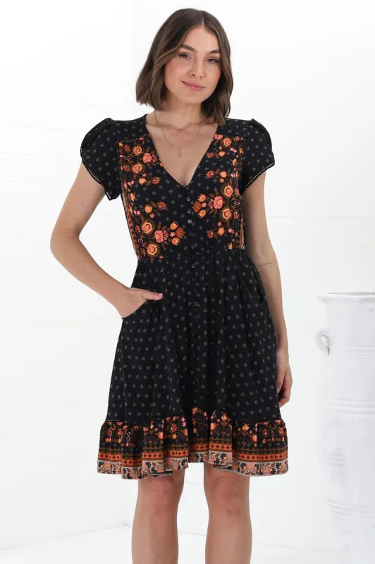 Lizzie Mini Dress - Butterfly Cap Sleeve Button Down Dress with Pockets in Emmery Print sold by Salty Crush