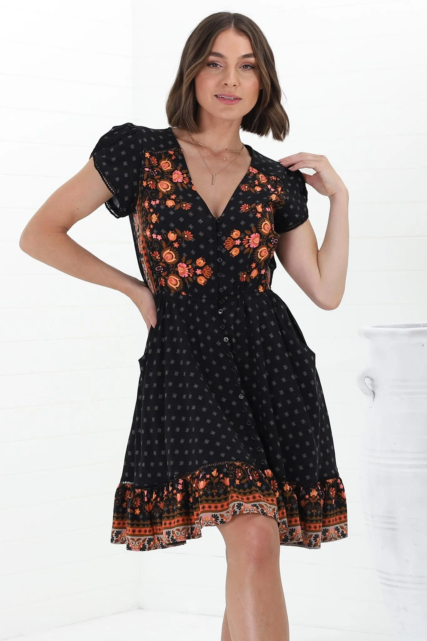 Lizzie Mini Dress - Butterfly Cap Sleeve Button Down Dress with Pockets in Emmery Print sold by Salty Crush product image thumbnail 5