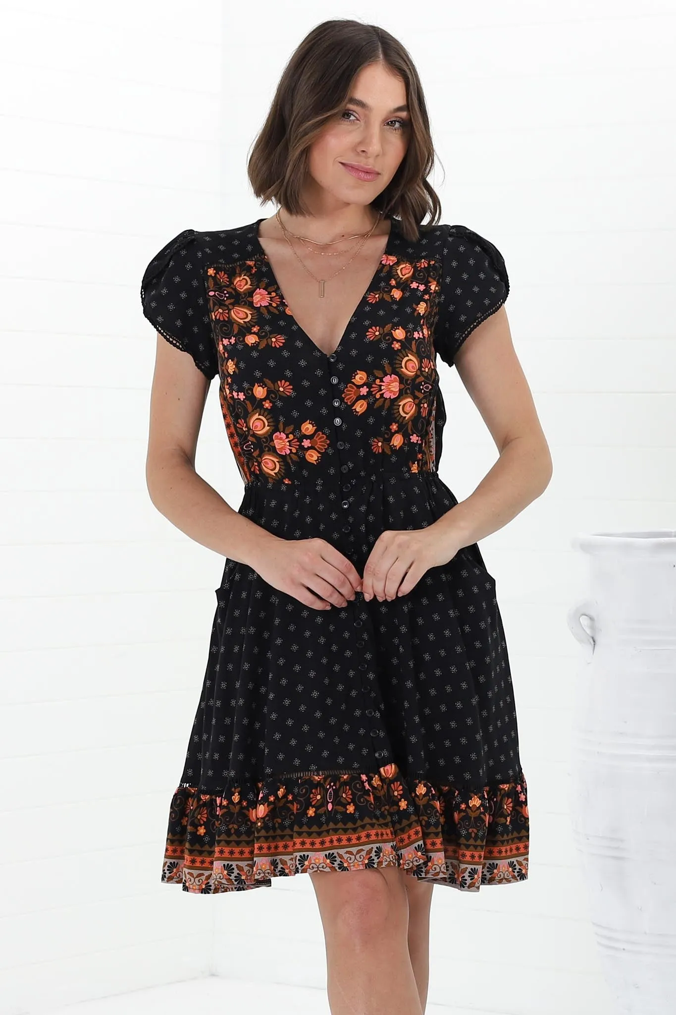Lizzie Mini Dress - Butterfly Cap Sleeve Button Down Dress with Pockets in Emmery Print sold by Salty Crush product image thumbnail 4