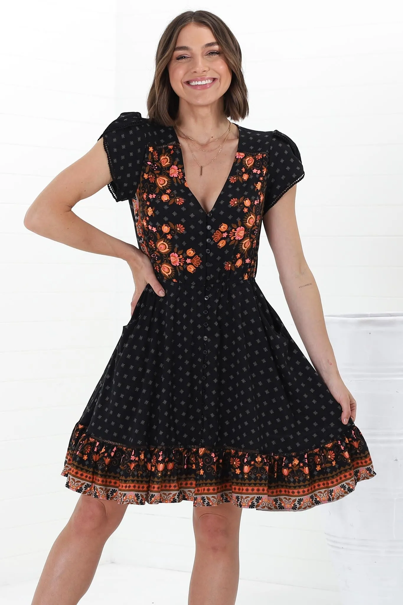 Lizzie Mini Dress - Butterfly Cap Sleeve Button Down Dress with Pockets in Emmery Print sold by Salty Crush product image thumbnail 2