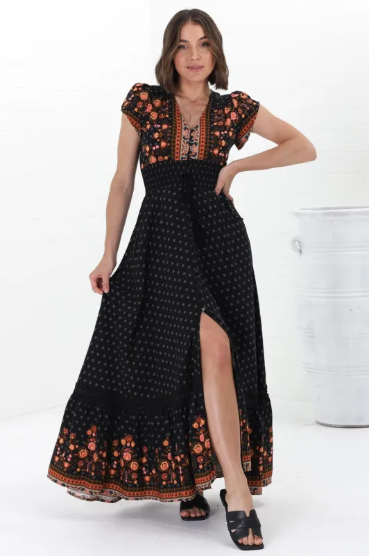 JAASE - Romi Maxi Dress: Button Down Cap Sleeve Dress with Waist Tie in Emmery Print sold by Salty Crush